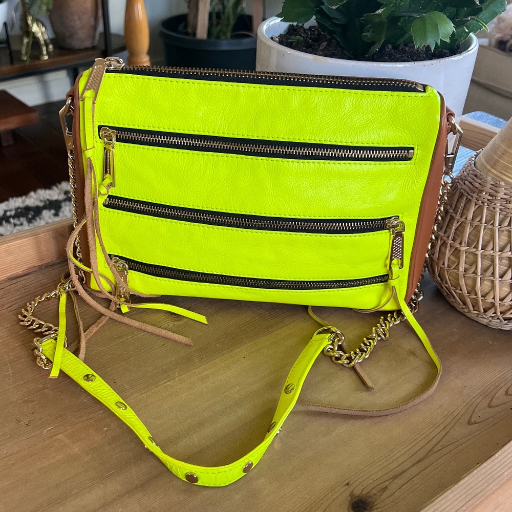 Rebecca Minkoff Neon Yellow and Brown Leather Crossbody Bag
